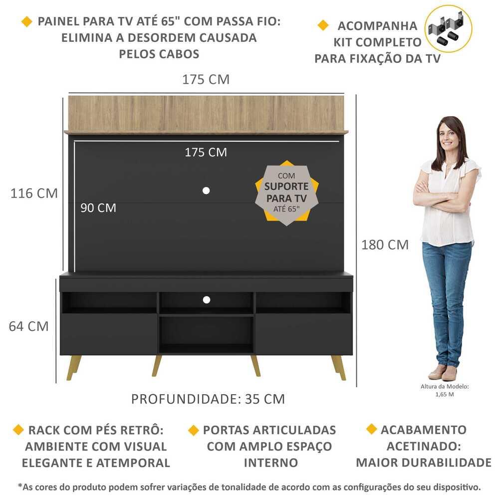 Rack com Painel e Suporte TV 65" Madri Multimóveis Preto/Rustic com Prateleira e Pés Retrô Natural