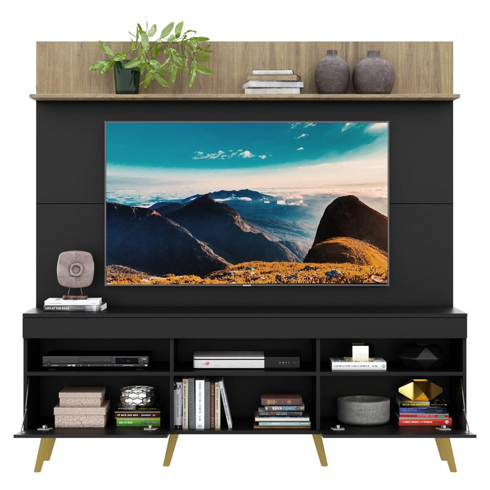 Rack com Painel e Suporte TV 65" Madri Multimóveis Preto/Rustic com Prateleira e Pés Retrô Natural