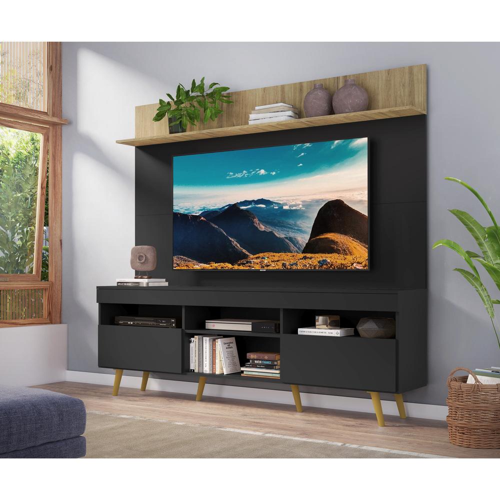 Rack com Painel e Suporte TV 65" Madri Multimóveis Preto/Rustic com Prateleira e Pés Retrô Natural