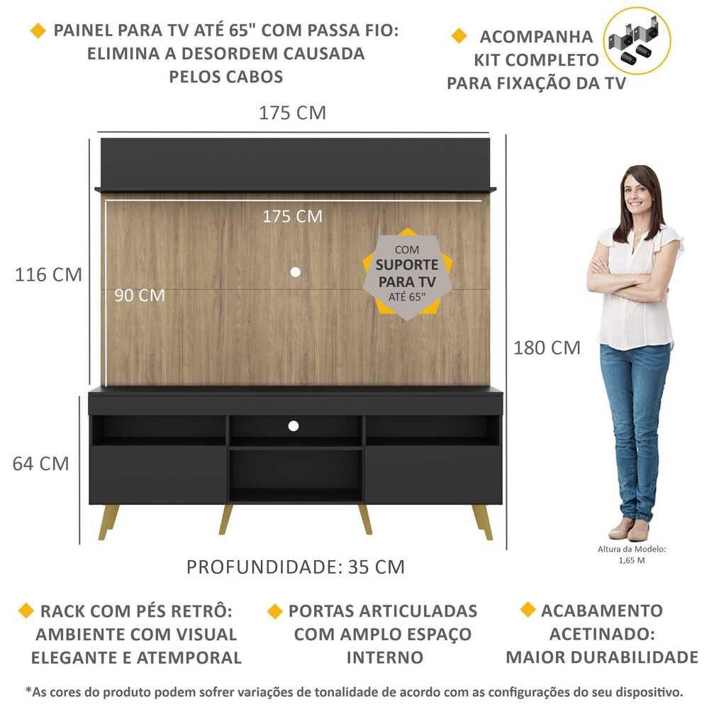 Rack com Painel e Suporte TV 65" Madri Multimóveis Preto/Rustic com Prateleira e Pés Retrô Natural