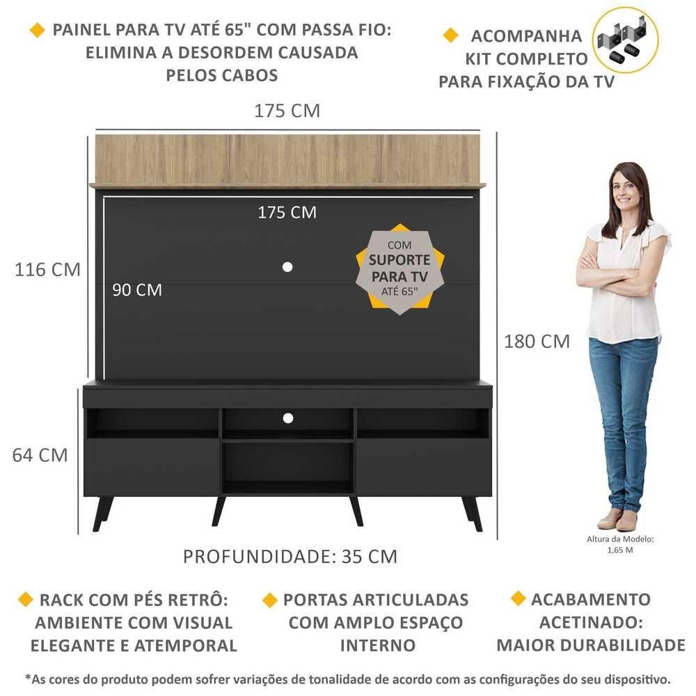Rack com Painel e Suporte TV 65" Madri Multimóveis Preto/Rustic com Prateleira e Pés Retrô Preto