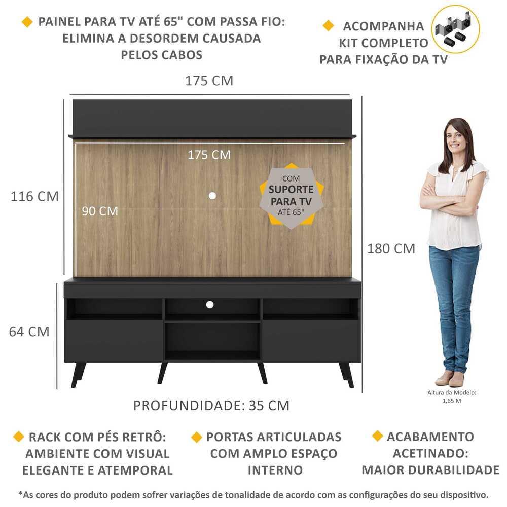 Rack com Painel e Suporte TV 65" Madri Multimóveis Preto/Rustic com Prateleira e Pés Retrô Preto