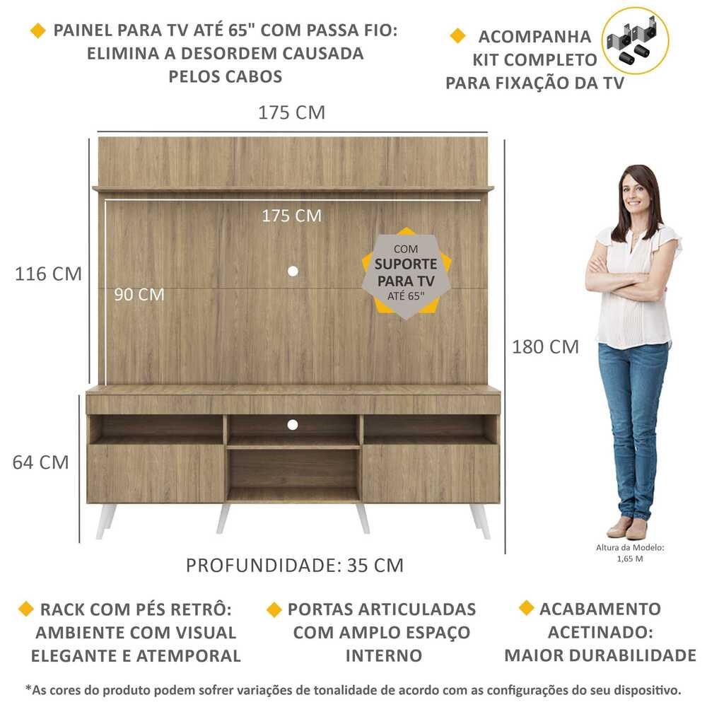 Rack com Painel e Suporte TV 65" Madri Multimóveis Rustic com Prateleira e Pés Retrô Branco