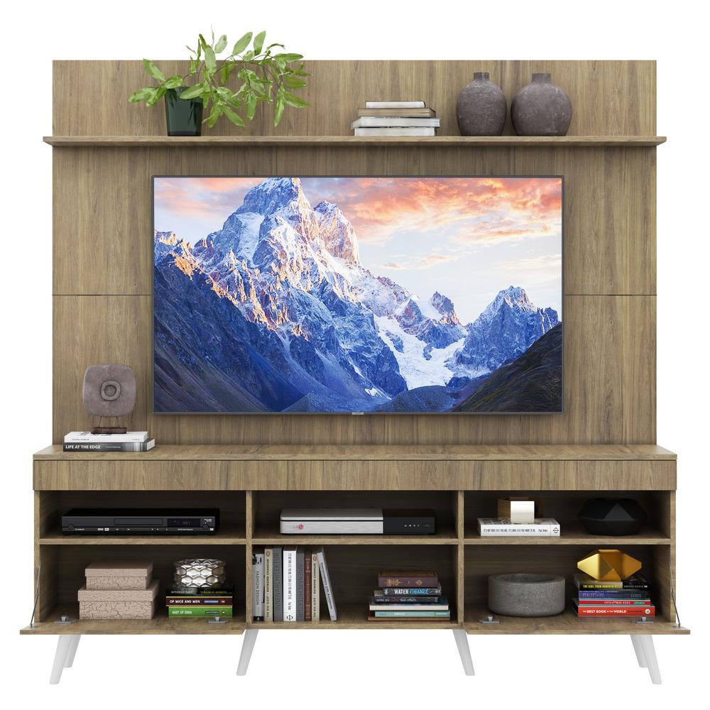 Rack com Painel e Suporte TV 65" Madri Multimóveis Rustic com Prateleira e Pés Retrô Branco