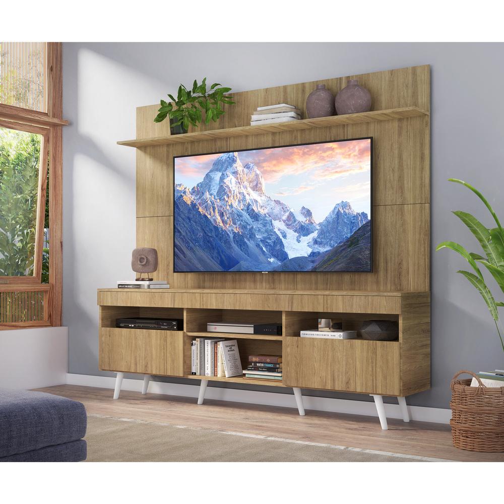 Rack com Painel e Suporte TV 65" Madri Multimóveis Rustic com Prateleira e Pés Retrô Branco