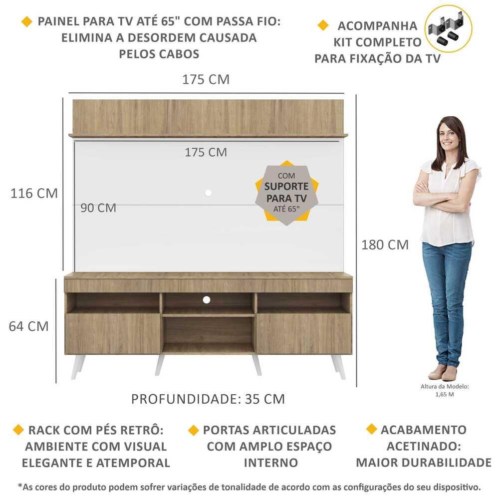 Rack com Painel e Suporte TV 65" Madri Multimóveis Rustic/Branco com Prateleira e Pés Retrô Branco