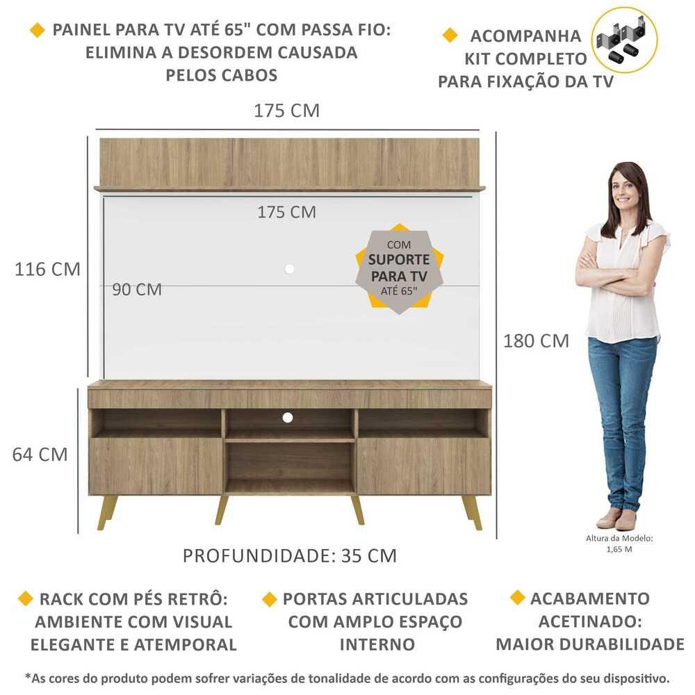 Rack com Painel e Suporte TV 65" Madri Multimóveis Rustic/Branco com Prateleira e Pés Retrô Natural
