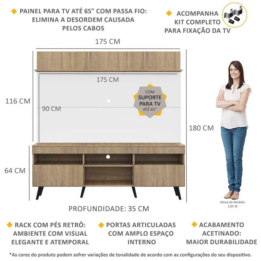 Rack com Painel e Suporte TV 65" Madri Multimóveis Rustic/Branco com Prateleira e Pés Retrô Preto