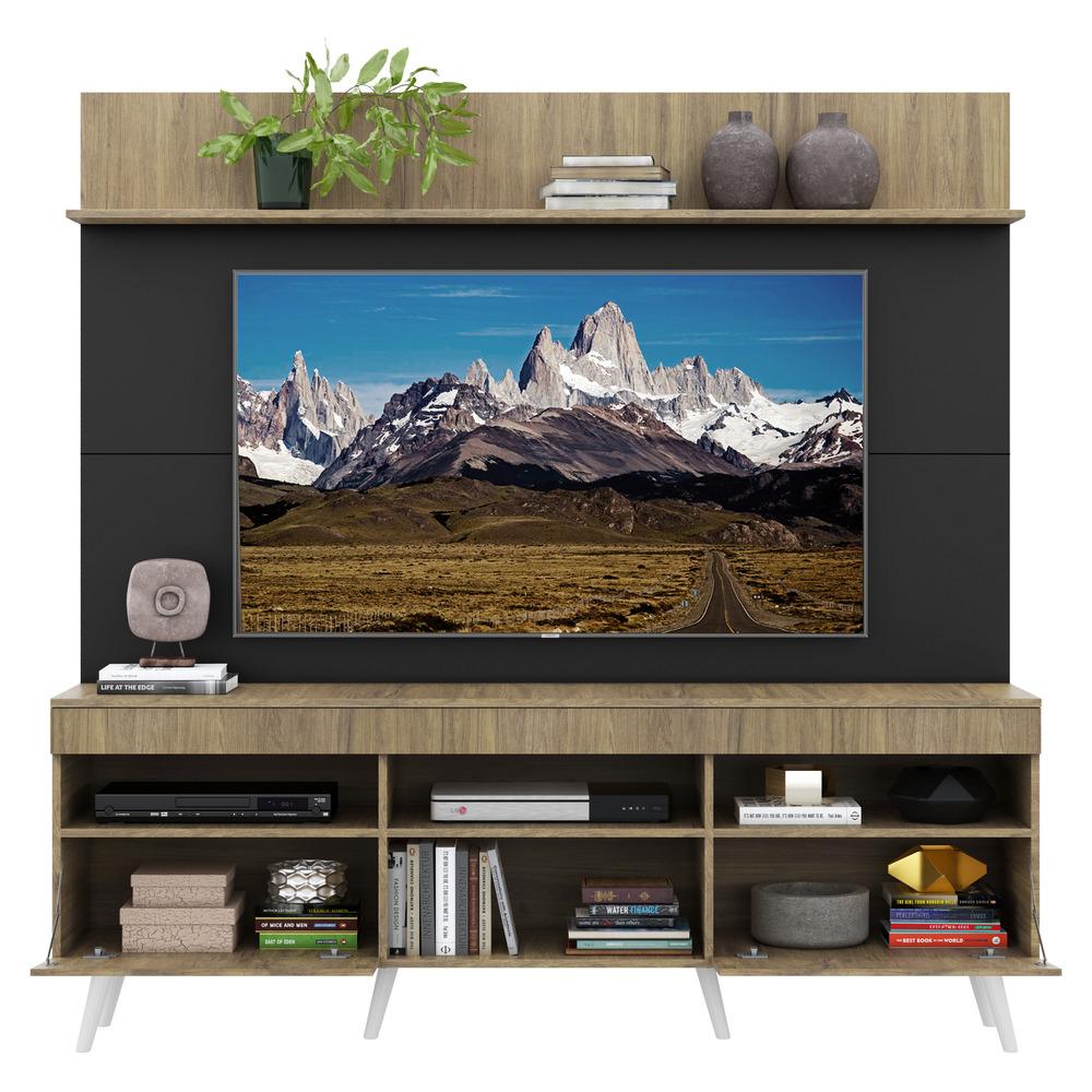 Rack com Painel e Suporte TV 65" Madri Multimóveis Rustic/Preto com Prateleira e Pés Retrô Branco