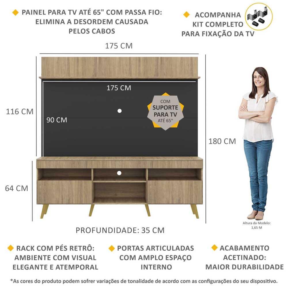 Rack com Painel e Suporte TV 65" Madri Multimóveis Rustic/Preto com Prateleira e Pés Retrô Natural