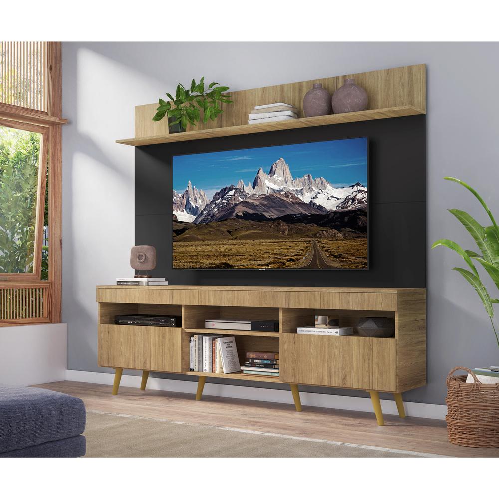 Rack com Painel e Suporte TV 65" Madri Multimóveis Rustic/Preto com Prateleira e Pés Retrô Natural
