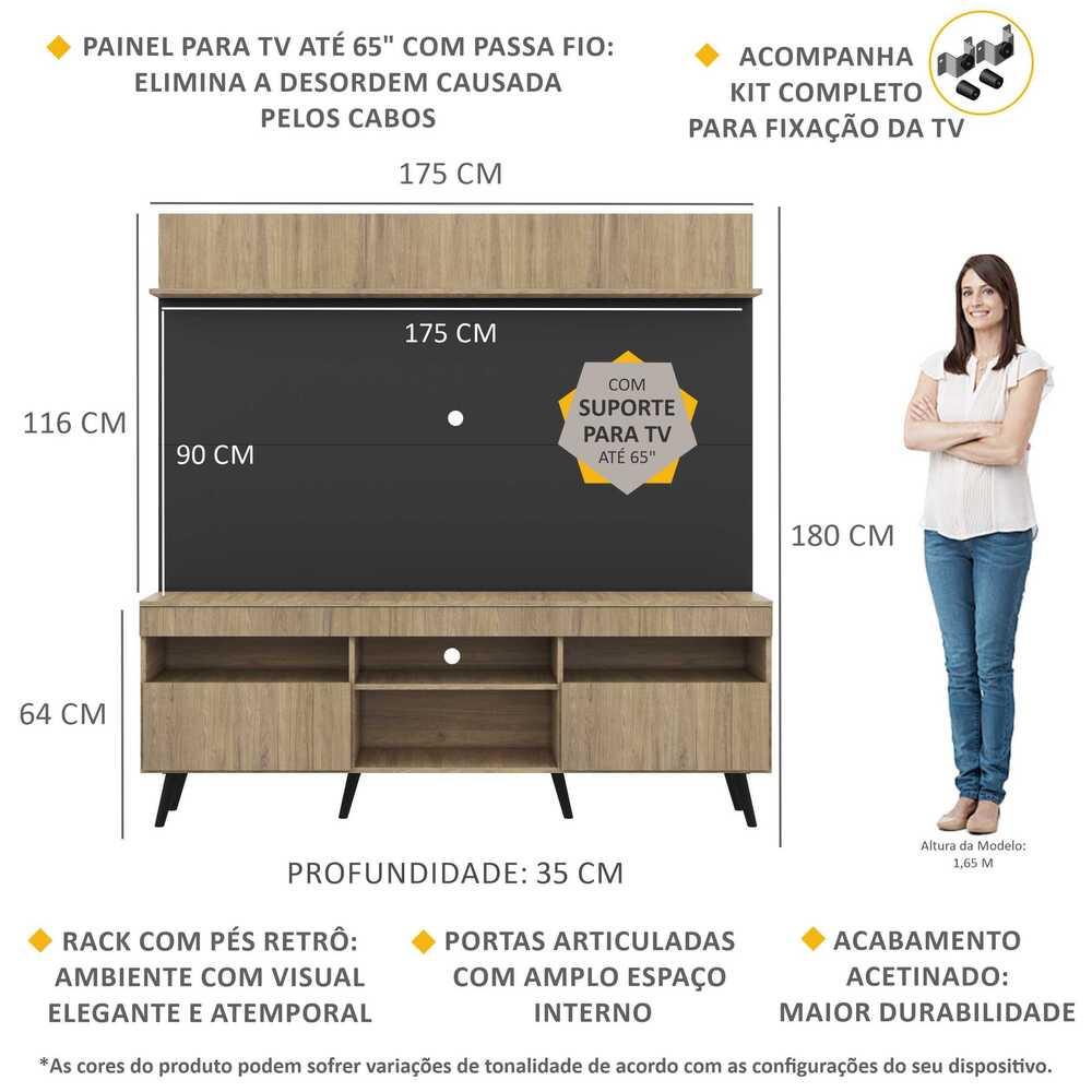 Rack com Painel e Suporte TV 65" Madri Multimóveis Rustic/Preto com Prateleira e Pés Retrô Preto