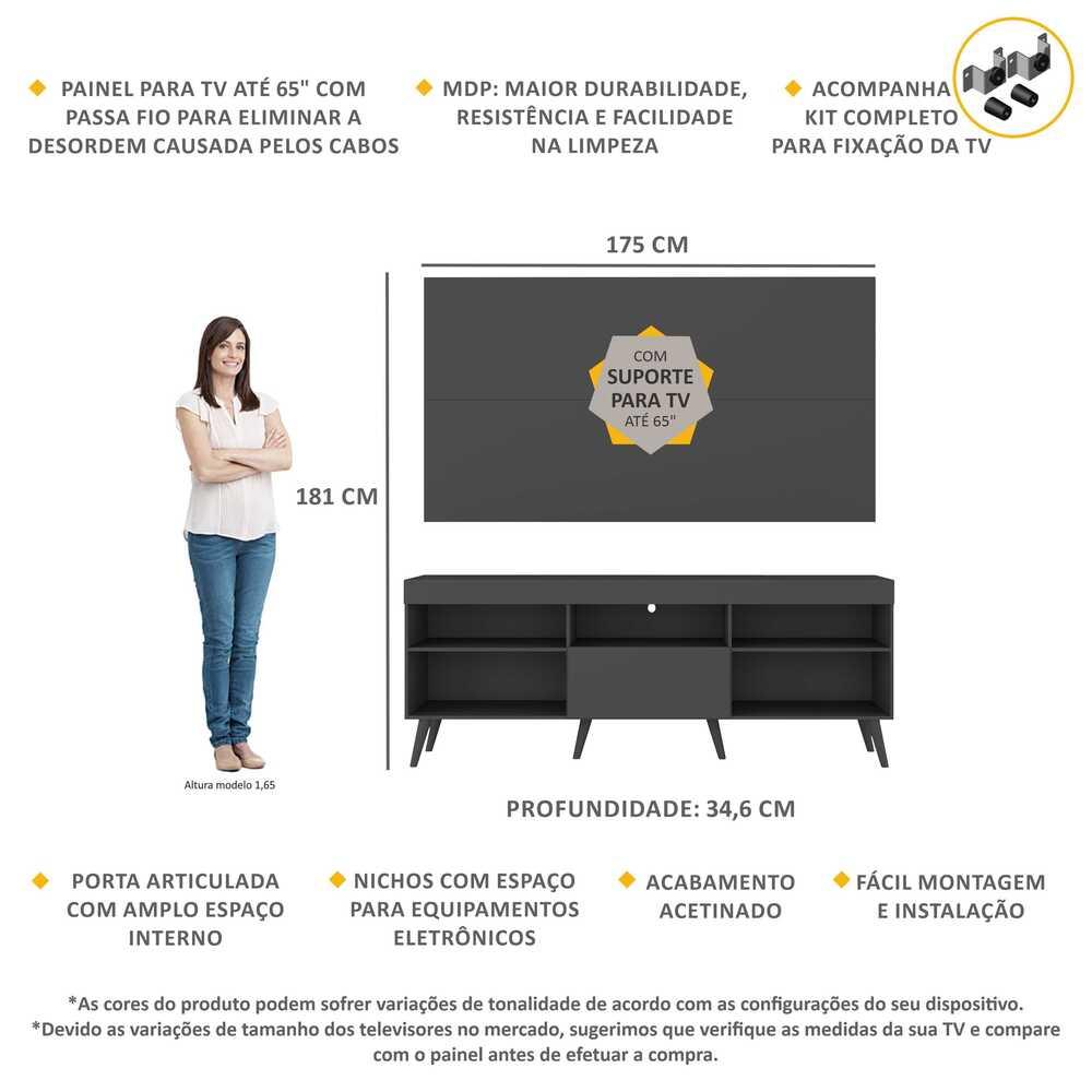 Rack com Painel e Suporte TV 65" Retrô Flórida Up Multimóveis MP1043 Preto