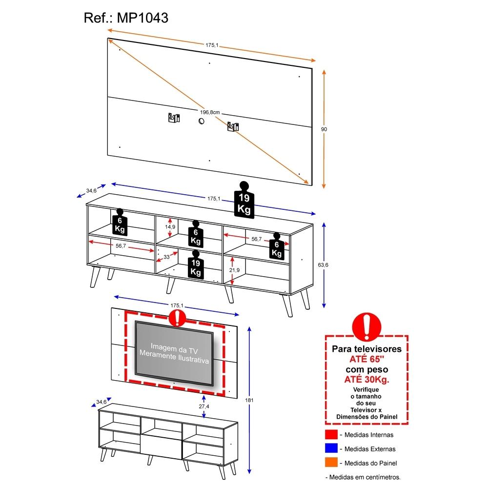 Rack com Painel e Suporte TV 65" Retrô Flórida Up Multimóveis MP1043 Preto