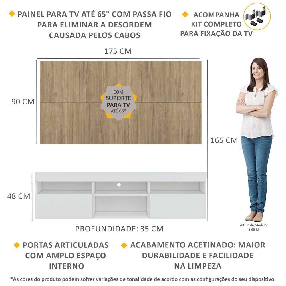 Rack com Painel e Suporte TV 65" com 2 portas Londres Multimóveis Branco/Rustic