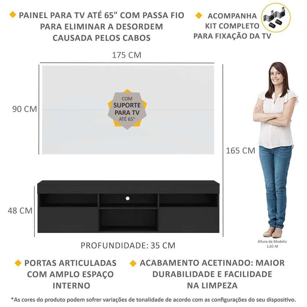 Rack com Painel e Suporte TV 65" com 2 portas Londres Multimóveis Preto/Branco