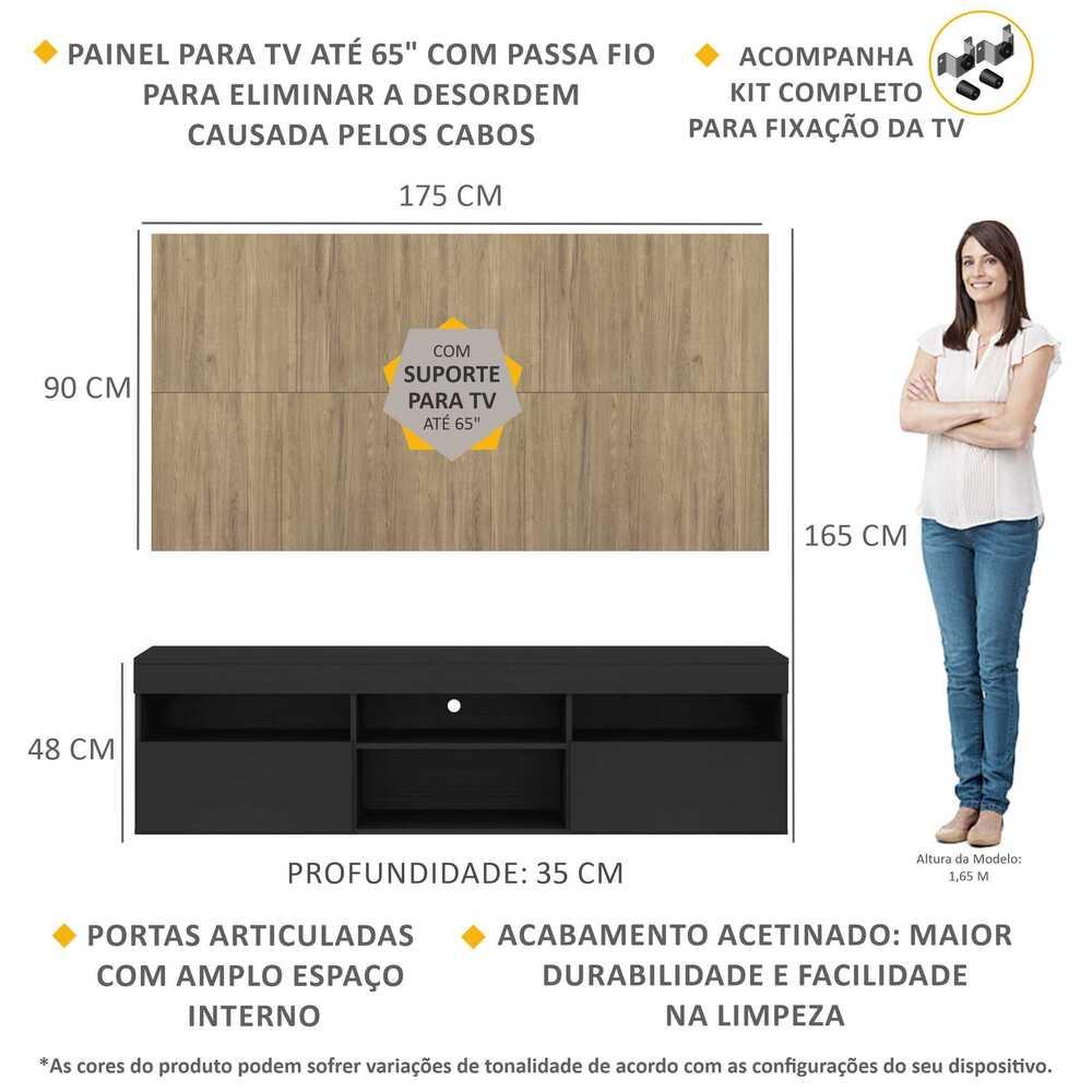 Rack com Painel e Suporte TV 65" com 2 portas Londres Multimóveis Preto/Rustic