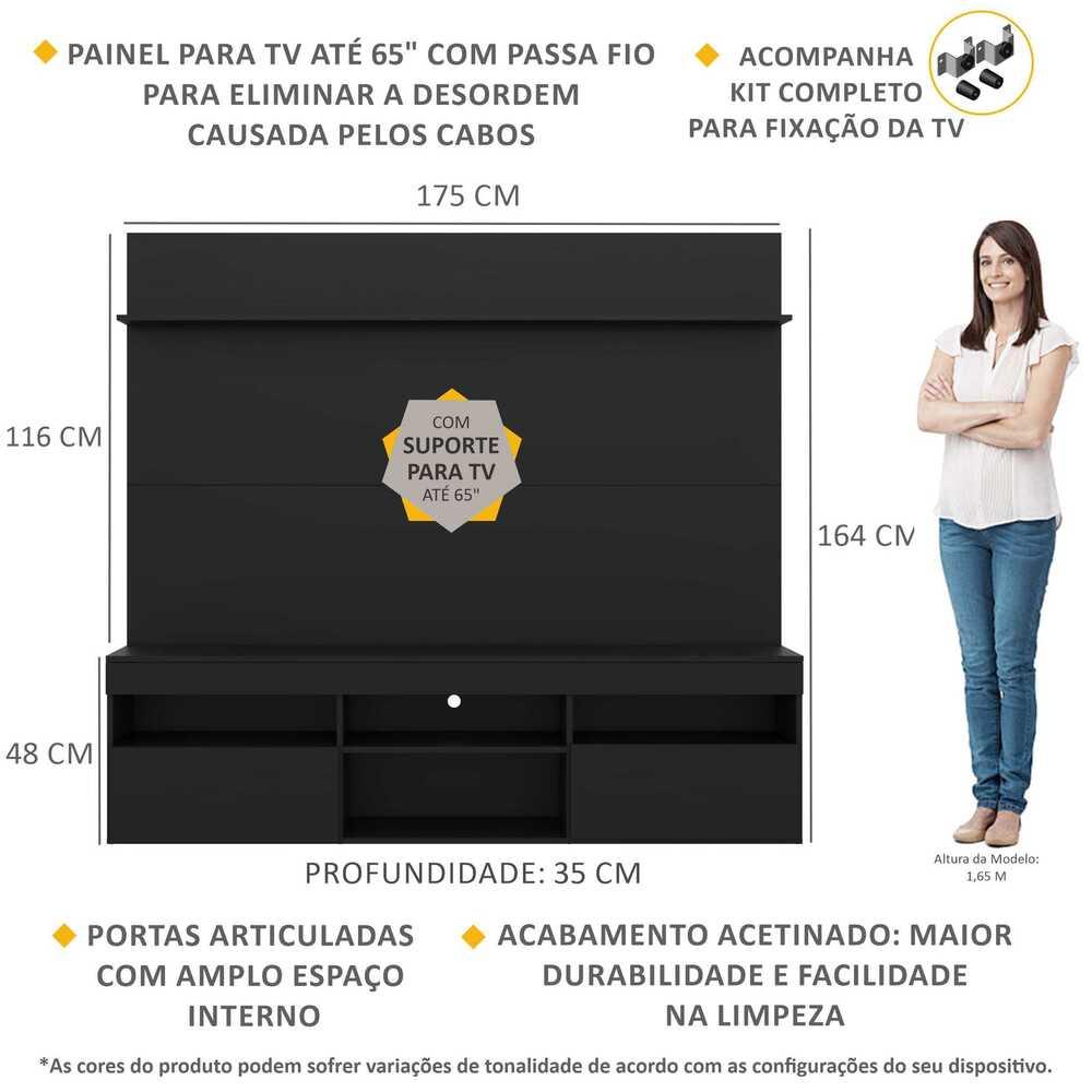 Rack com Painel e Suporte TV 65" com Prateleira Madri Multimóveis Preto