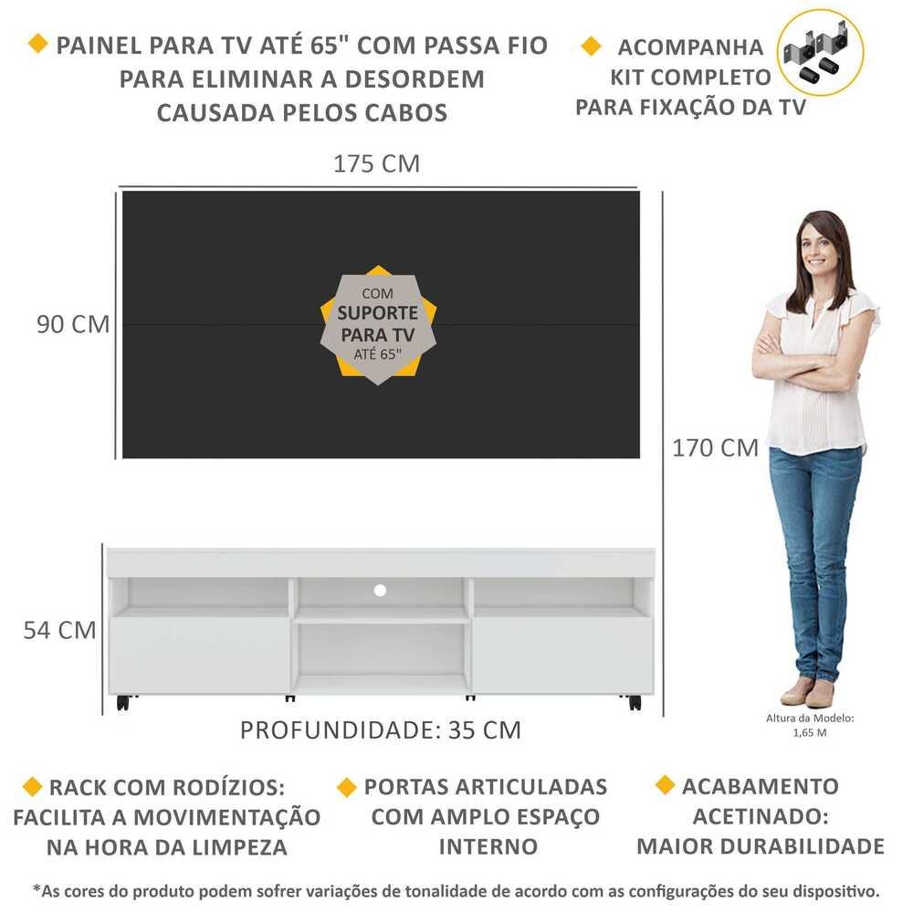 Rack com Painel e Suporte TV 65" com Rodízios e 2 portas Londres Multimóveis Branco/Preto