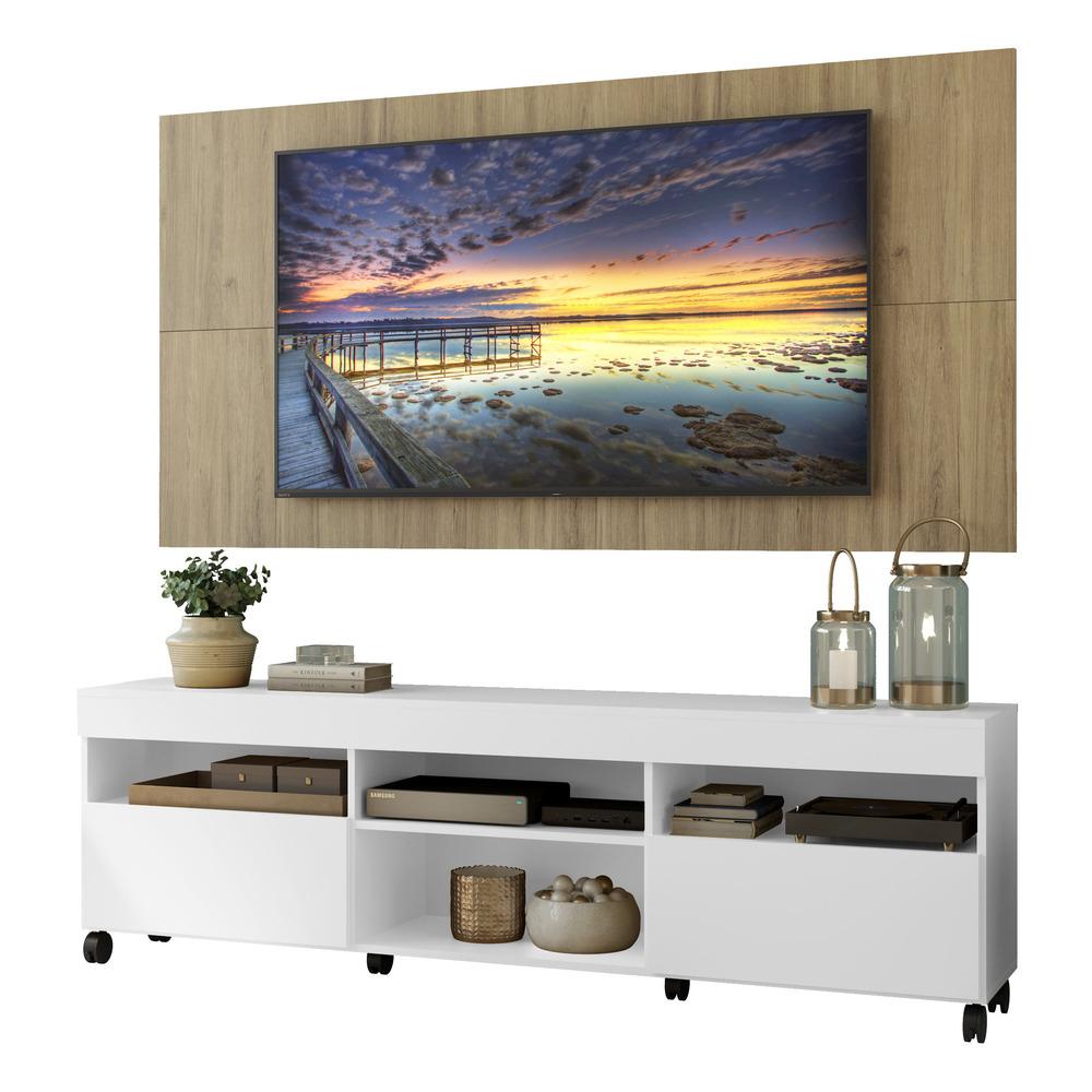 Rack com Painel e Suporte TV 65" com Rodízios e 2 portas Londres Multimóveis Branco/Rustic