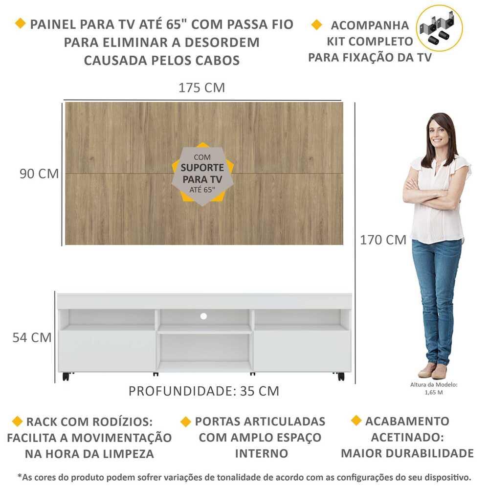Rack com Painel e Suporte TV 65" com Rodízios e 2 portas Londres Multimóveis Branco/Rustic