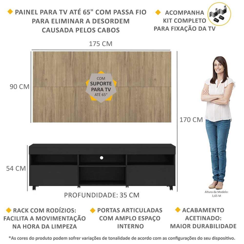 Rack com Painel e Suporte TV 65" com Rodízios e 2 portas Londres Multimóveis Preto/Rustic