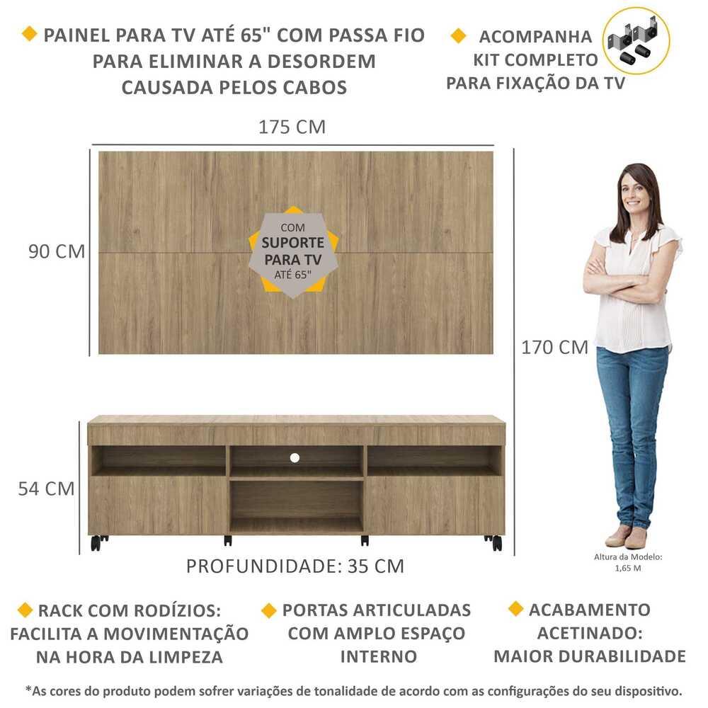 Rack com Painel e Suporte TV 65" com Rodízios e 2 portas Londres Multimóveis Rustic