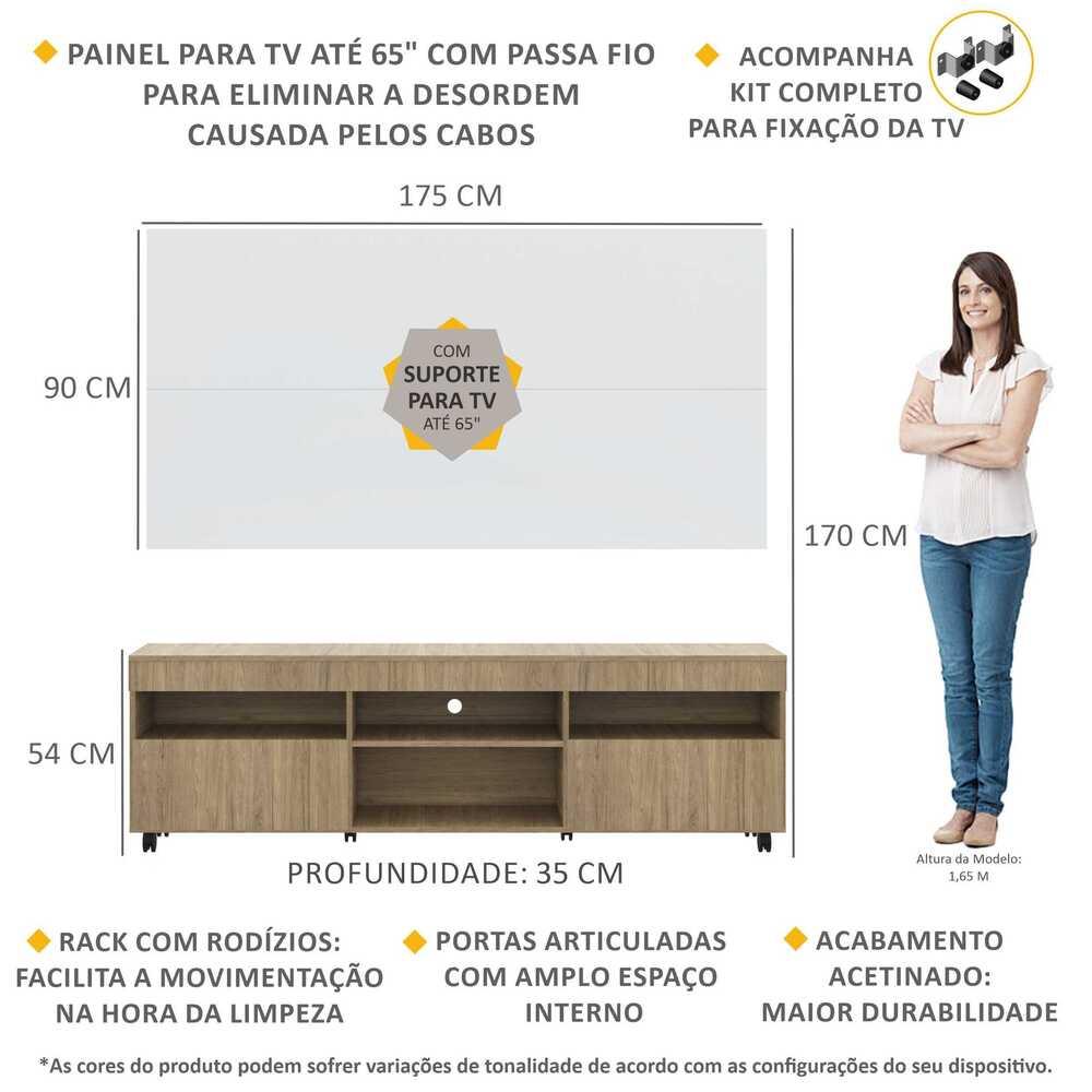 Rack com Painel e Suporte TV 65" com Rodízios e 2 portas Londres Multimóveis Rustic/Branco