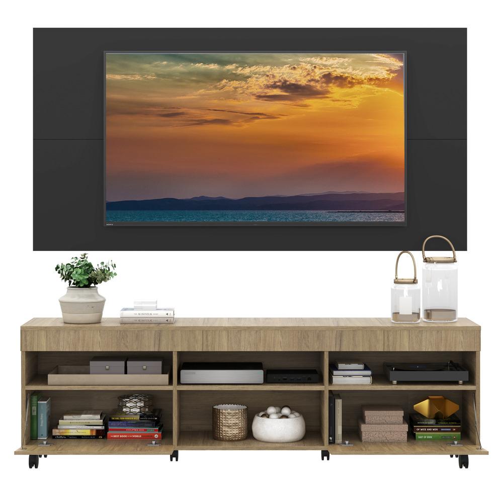 Rack com Painel e Suporte TV 65" com Rodízios e 2 portas Londres Multimóveis Rustic/Preto