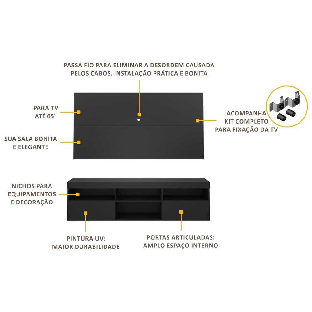 Rack com Painel e Suporte para TV até 65" Multimóveis Flórida FG3112 Preto