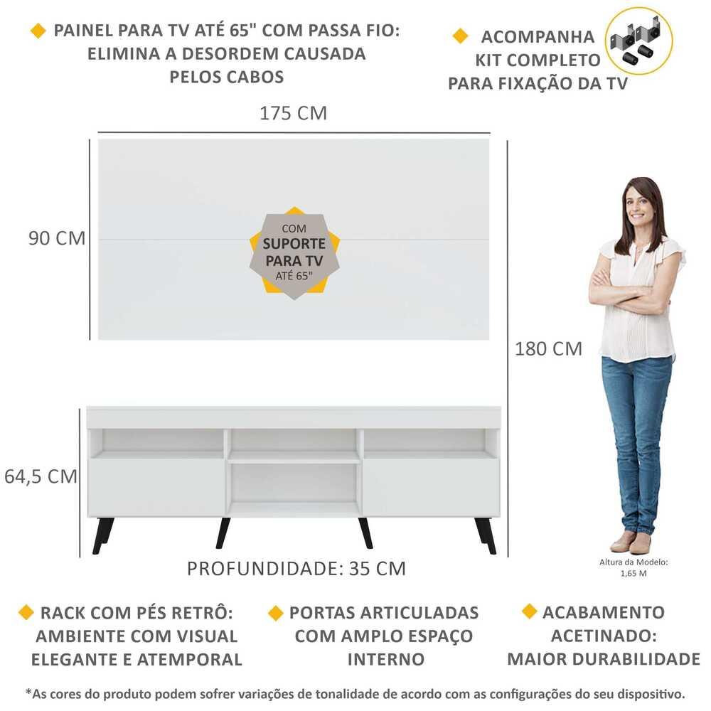 Rack com Painel e Suporte para TV até 65" Pés Retrô com 2 Portas Londres Multimóveis Branco/Preto