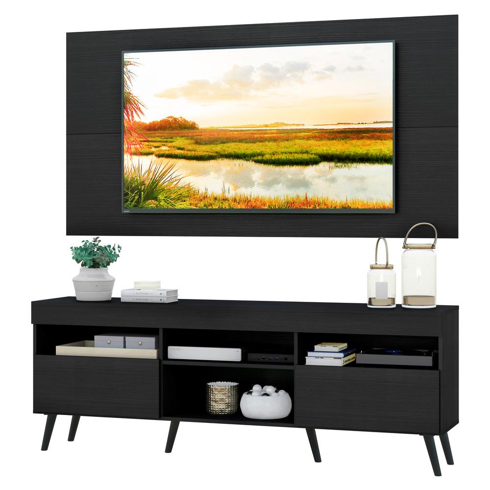 Rack com Painel e Suporte para TV até 65" Pés Retrô com 2 Portas Londres Multimóveis Preto