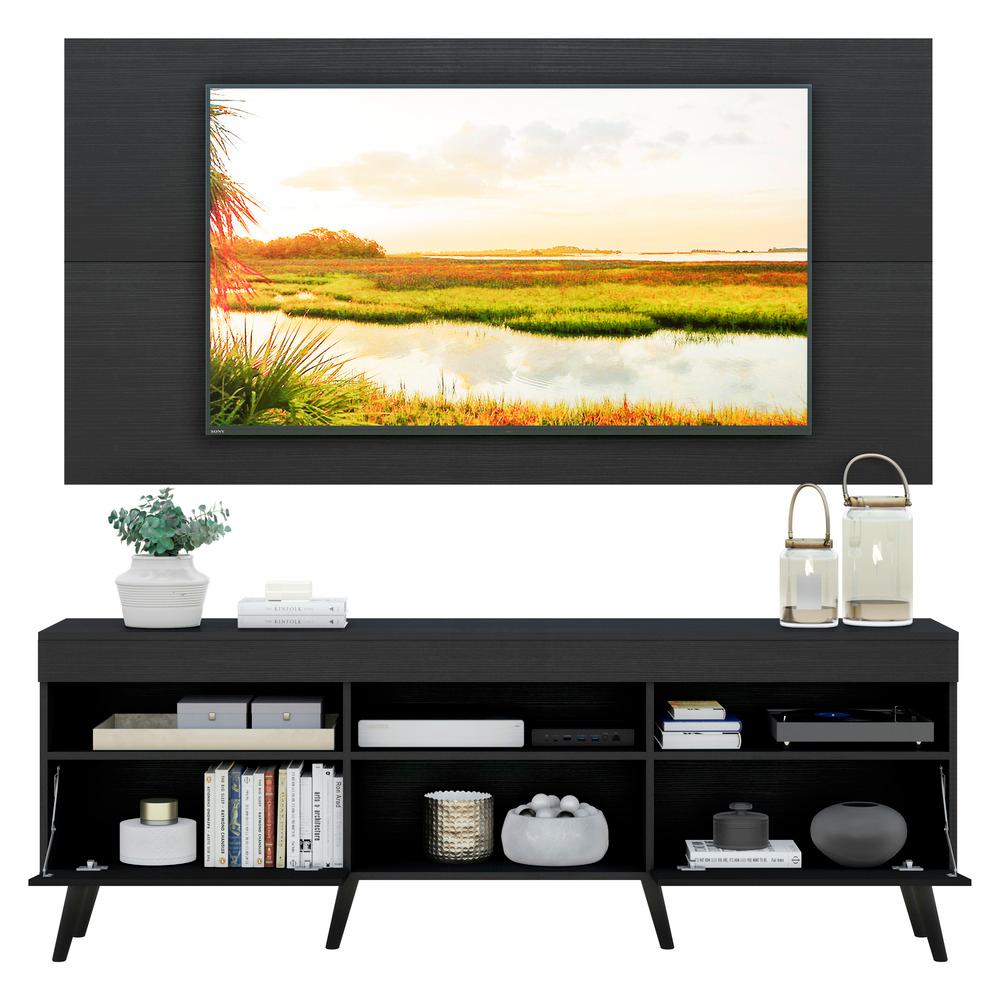 Rack com Painel e Suporte para TV até 65" Pés Retrô com 2 Portas Londres Multimóveis Preto