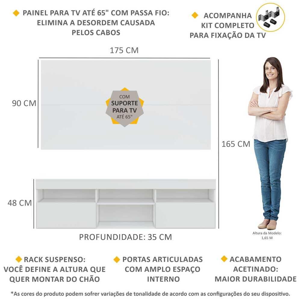 Rack com Painel e Suporte para TV até 65" Suspenso com 2 Portas Londres Multimóveis Branco