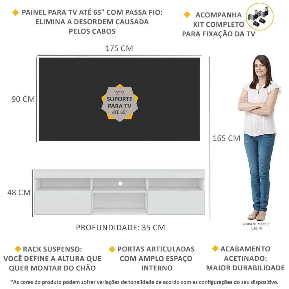 Rack com Painel e Suporte para TV até 65" Suspenso com 2 Portas Londres Multimóveis Branco/Preto