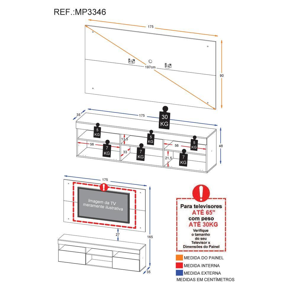 Rack com Painel e Suporte para TV até 65" Suspenso com 2 Portas Londres Multimóveis Branco/Preto