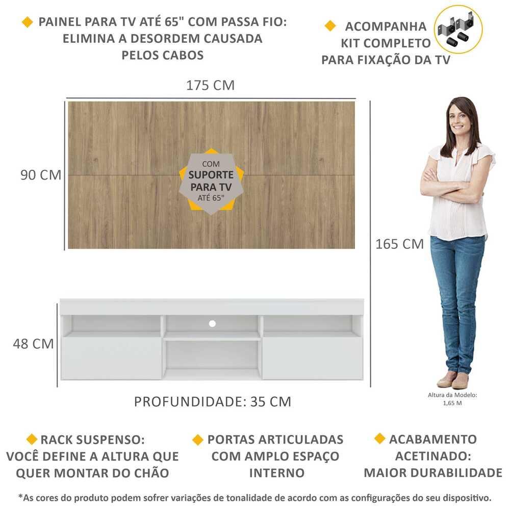 Rack com Painel e Suporte para TV até 65" Suspenso com 2 Portas Londres Multimóveis Branco/Rustic