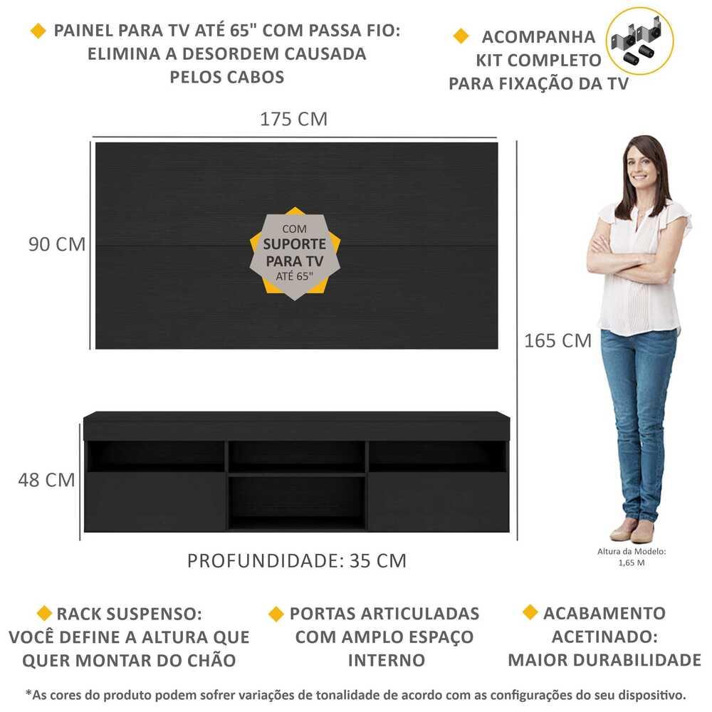 Rack com Painel e Suporte para TV até 65" Suspenso com 2 Portas Londres Multimóveis Preto
