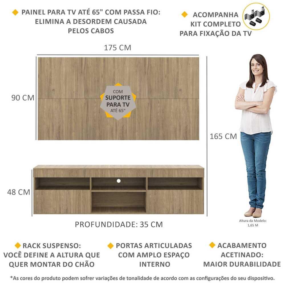 Rack com Painel e Suporte para TV até 65" Suspenso com 2 Portas Londres Multimóveis Rustic