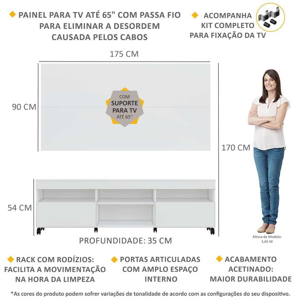 Rack com Painel e Suporte para TV até 65" com Rodízios e 2 Portas Londres Multimóveis Branco