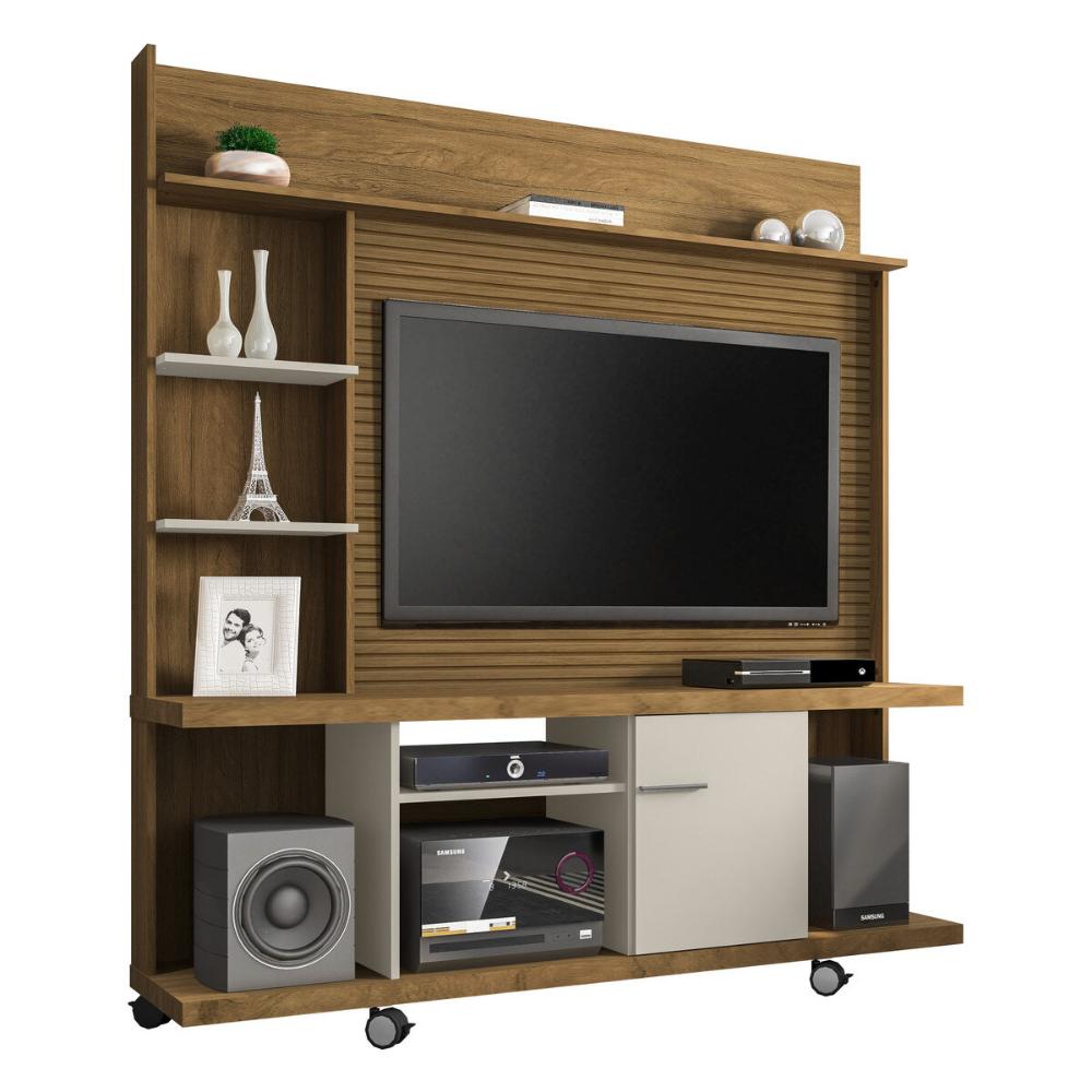 Rack com Painel para TV até 47 Polegadas com 1 Porta e Rodízios Multimóveis CR45277 Cinamomo/Off White/Ripado