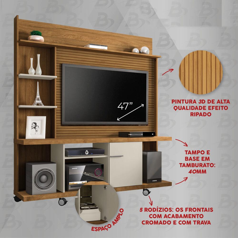 Rack com Painel para TV até 47 Polegadas com 1 Porta e Rodízios Multimóveis CR45277 Cinamomo/Off White/Ripado
