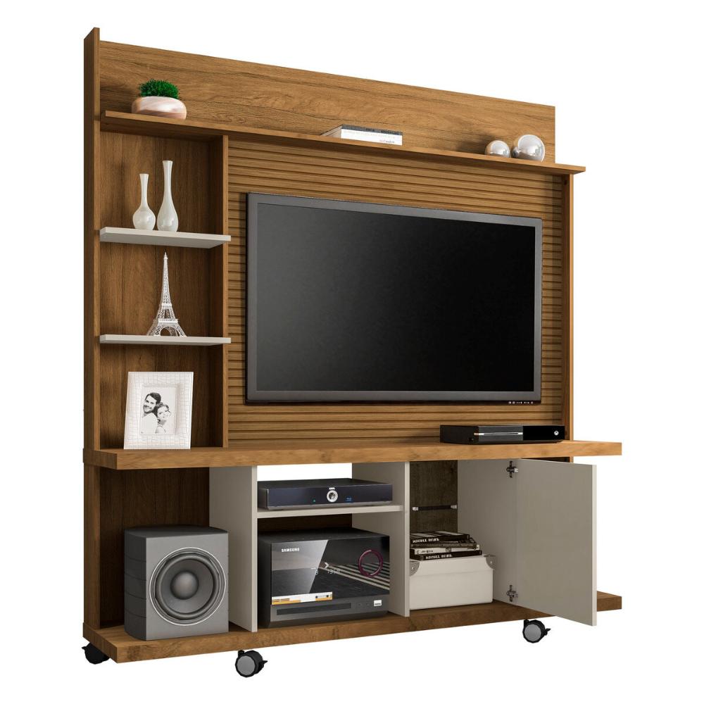 Rack com Painel para TV até 47 Polegadas com 1 Porta e Rodízios Multimóveis CR45277 Cinamomo/Off White/Ripado