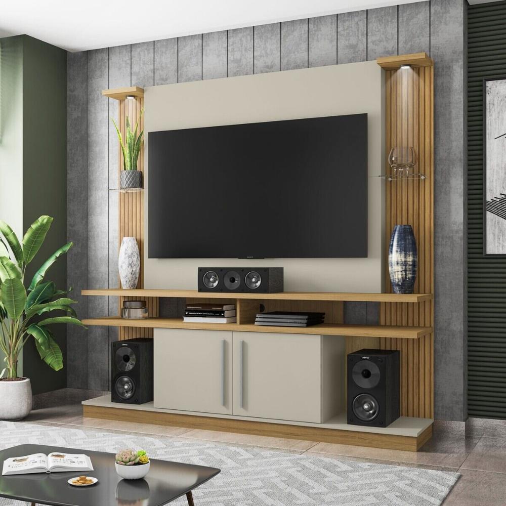 Rack com Painel para TV até 55 Polegadas com Vidros 2 LEDS e 2 Portas Multimóveis CR45278 Cinamomo/Off White/Ripado