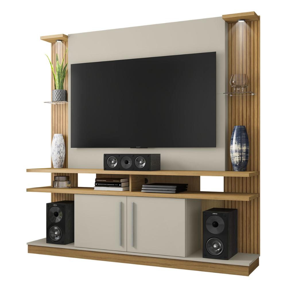 Rack com Painel para TV até 55 Polegadas com Vidros 2 LEDS e 2 Portas Multimóveis CR45278 Cinamomo/Off White/Ripado