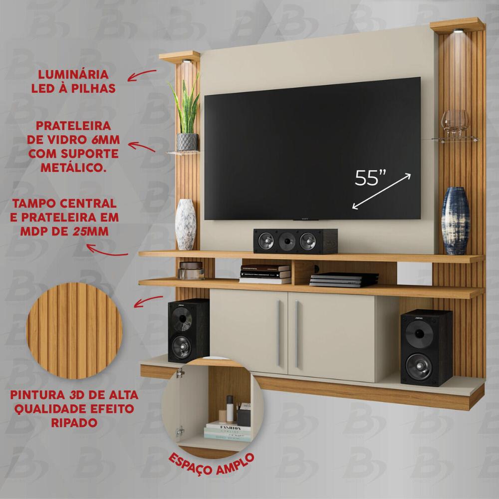 Rack com Painel para TV até 55 Polegadas com Vidros 2 LEDS e 2 Portas Multimóveis CR45278 Cinamomo/Off White/Ripado