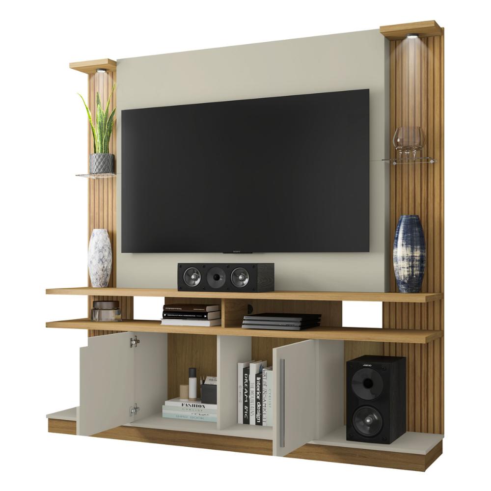 Rack com Painel para TV até 55 Polegadas com Vidros 2 LEDS e 2 Portas Multimóveis CR45278 Cinamomo/Off White/Ripado