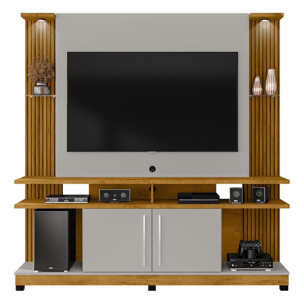 Rack com Painel para TV até 55 Polegadas com Vidros 2 LEDS e 2 Portas Multimóveis CR45278 Naturalle/Off White/Ripado