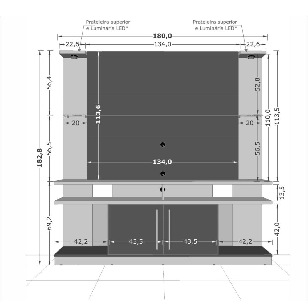 Rack com Painel para TV até 55 Polegadas com Vidros 2 LEDS e 2 Portas Multimóveis CR45278 Naturalle/Off White/Ripado