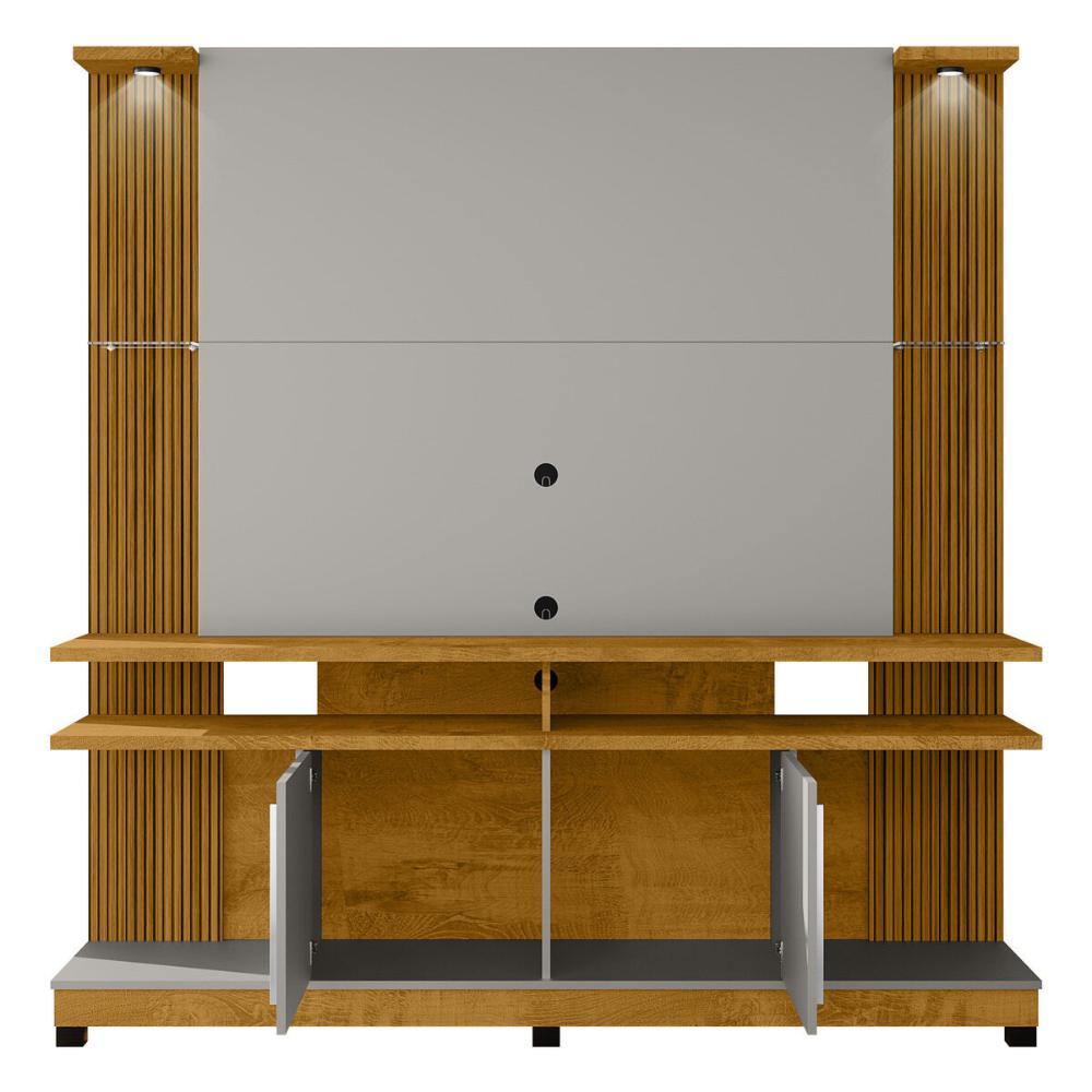 Rack com Painel para TV até 55 Polegadas com Vidros 2 LEDS e 2 Portas Multimóveis CR45278 Naturalle/Off White/Ripado